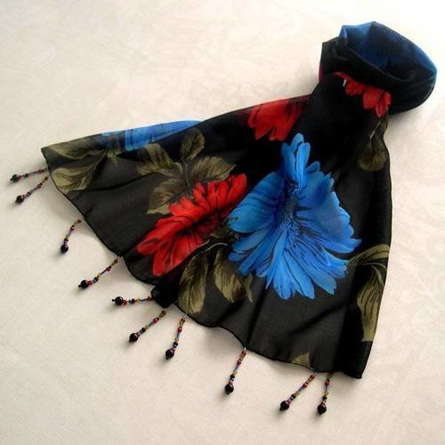 Foulard décoré de perles, écharpe légère, accessoires femme, noir, bleu, rouge, kaki, motif fleurs, 175