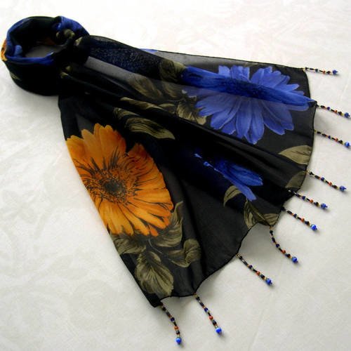 Foulard décoré de perles, écharpe légère, accessoires femme, cadeau, noir, bleu, jaune, kaki, motif fleur,s 176