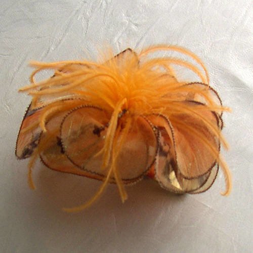 Barette fleur en tissu, plumes et perles, accessoires coiffure, mariage, fête, cadeau,  orange et marron, 004