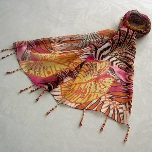 Foulard décoré de perles, écharpe légère, accessoires femme, cadeau, orange, marron, rose, motif abstrait, 032