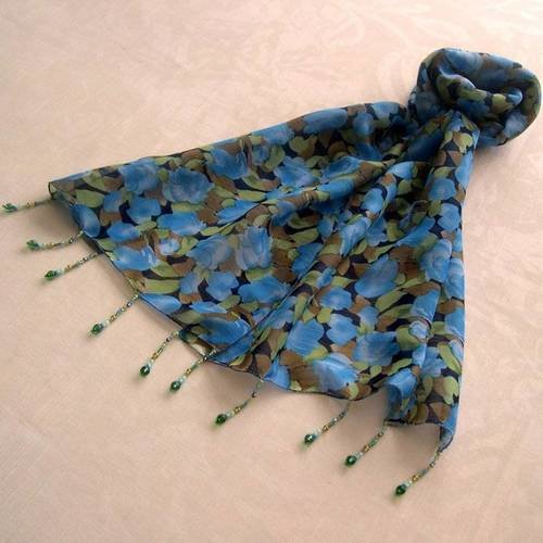 Foulard décoré de perles, écharpe légère, accessoires femme, cadeau, bleu, taupe et vert, motif fleuri, 149