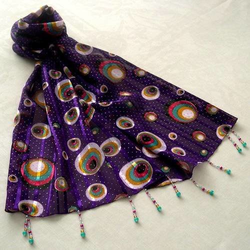 Foulard décoré de perles, écharpe légère, accessoires femme, violet et multicolore, motif sphères, 071