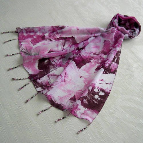 Foulard décoré de perles, écharpe légère, accessoires femme, cadeau, rose, violet et gris, motif abstrait, 134