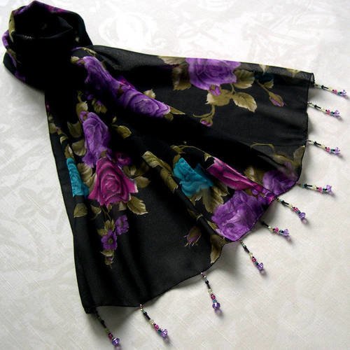 Foulard décoré de perles, écharpe légère, accessoires femme, noir, bleu, violet, kaki, motif fleurs, 171