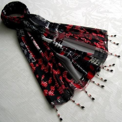 Foulard décoré de perles, écharpe légère, accessoires femme, cadeau, rouge, gris et noir, motif abstrait, 256