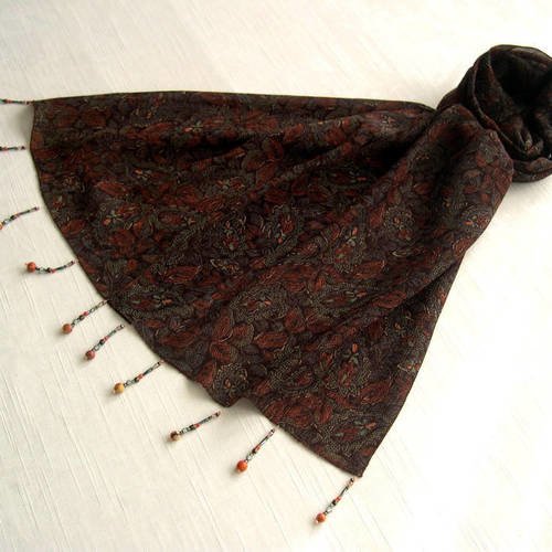 Foulard décoré de perles, écharpe légère, accessoires femme, cadeau, marron, motif automnale, 161