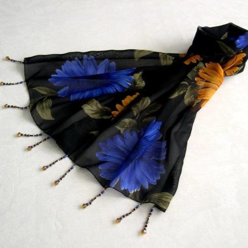 Foulard décoré de perles, écharpe légère, accessoires femme, noir, bleu, jaune, kaki, motif fleurs, 176