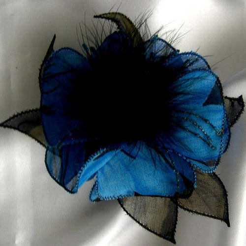 Barette fleur en tissu, plumes et perles, accessoires coiffure, mariage, cadeau, bleu et vert, 175