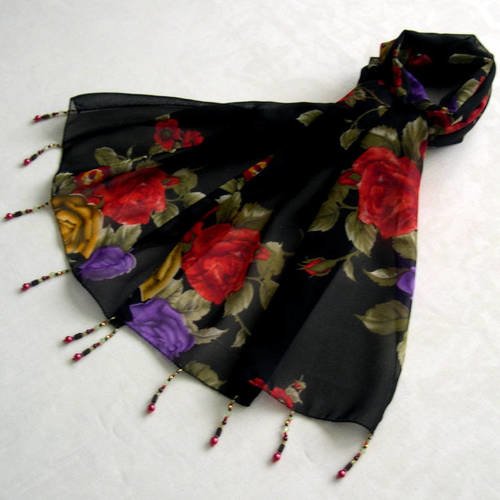 Foulard décoré de perles, écharpe légère, accessoires femme, noir, violet, rouge, kaki, motif fleurs, 174