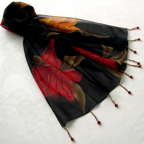Foulard décoré de perles, écharpe légère, accessoires femme, noir, jaune, rouge, kaki, motif fleurs, 173