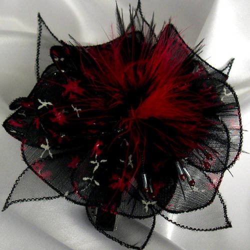 Barette fleur en tissu,organza, plumes et perles, accessoires coiffure, mariage, fête, cadeau, noir et rouge, 162
