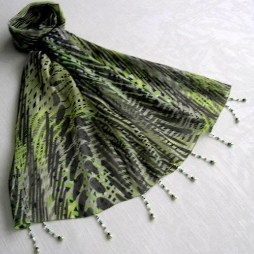 Foulard décoré de perles, écharpe légère, accessoires femme, noir, gris et vert, motif abstrait, 254