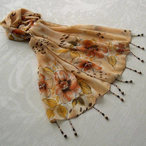 Foulard décoré de perles, écharpe légère, accessoires femme, cadeau, jaune, orange et marron, motif fleurs, 159