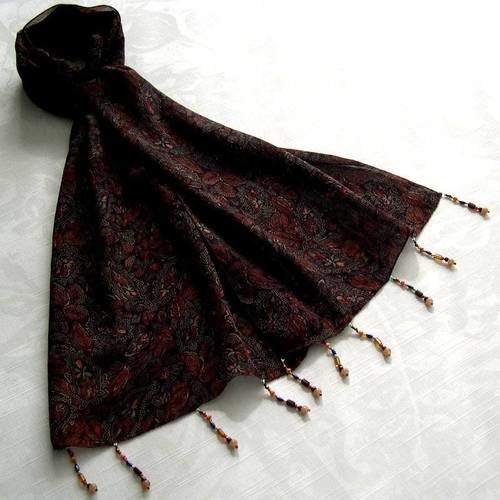 Foulard décoré de perles, écharpe légère, accessoires femme, cadeau, marron, motif automnale, 161