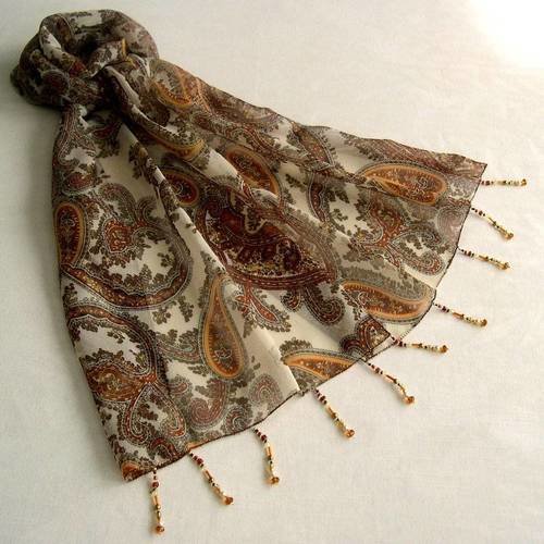 Foulard décoré de perles, écharpe légère, accessoires femme, cadeau, marron et beige, motif classique,  260