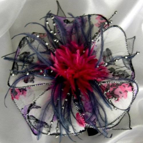 Barette fleur en tissu, organza, plumes et perles, accessoires coiffure, mariage, fête, cadeau, blanc, gris, rose, violet, 253