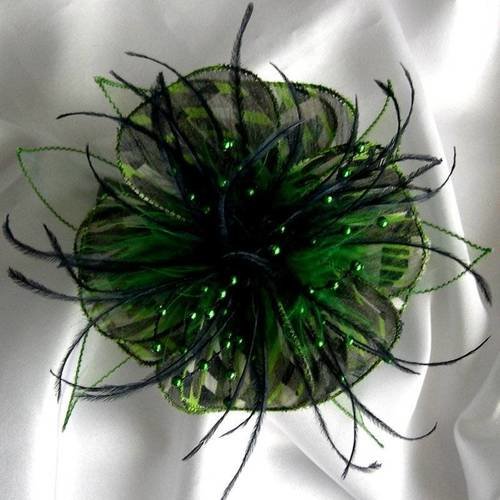 Barette fleur en tissu, organza, plumes et perles, accessoires coiffure, mariage, fête, cadeau, vert et noir, 254