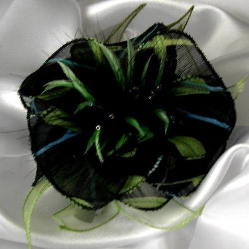 Barette fleur en tissu, organza, plumes et perles, accessoires coiffure, mariage, fête, cadeau, noir et vert, 131