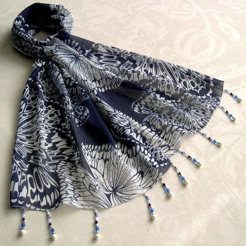 Foulard décoré de perles, écharpe légère, accessoires femme, cadeau, bleu et blanc, motif abstrait, 252