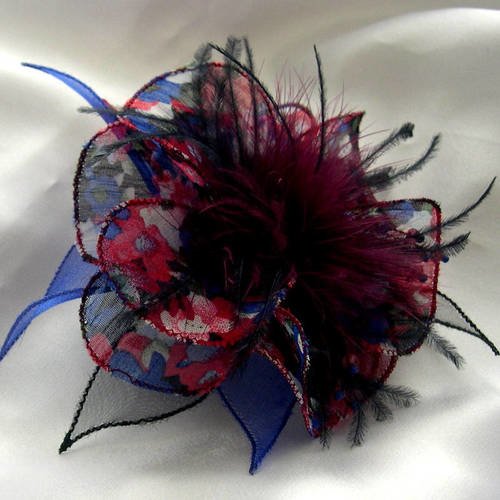 Broche fleur en tissu, organza, fleur plumes et perles, accessoires femme, mariage, fête, cadeau, bleu, rose, bordeaux, 160