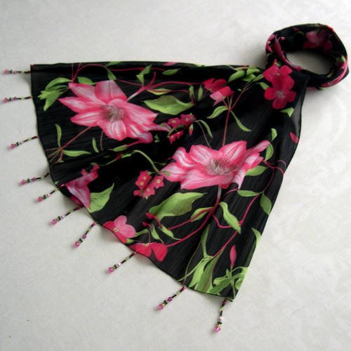 Foulard décoré de perles, écharpe légère, accessoires femme, cadeau, noir, rose et vert, motif fleurs, 145