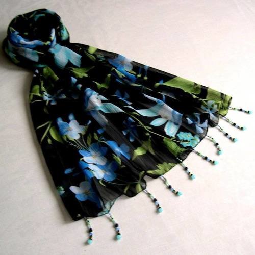 Foulard décoré de perles, écharpe légère, accessoires femme, cadeau, noir, bleu et vert, motif fleurs, 131