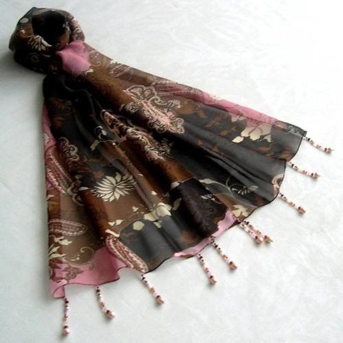 Foulard décoré de perles, écharpe légère, accessoires femme, cadeau, marron, rose, beige, motif abstrait, 259