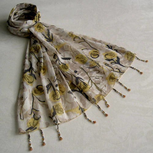Foulard décoré de perles, écharpe légère, accessoires femme, cadeau, blanc, jaune et gris, motif fleuri, 154