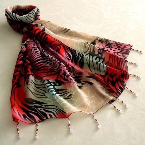 Foulard décoré de perles, écharpe légère, accessoires femme, cadeau, rouge, rose et beige, motif abstrait,  006