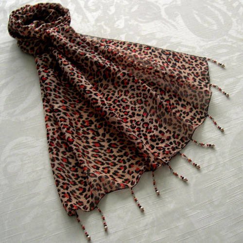 Foulard décoré de perles, écharpe légère, accessoires femme, cadeau, orange, rouge et noir, motif léopard, 129