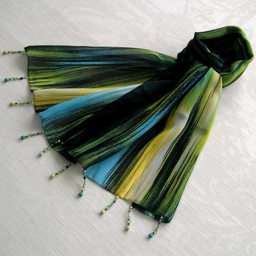Foulard décoré de perles, écharpe légère, accessoires femme, bleu, noir, vert et jaune, motif arc en ciel, 158