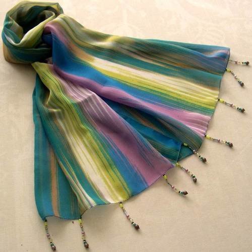 Foulard décoré de perles, écharpe légère, accessoires femme, bleu, violet, vert, jaune, motif arc en ciel  155