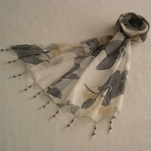 Foulard décoré de perles, écharpe légère en soie, accessoires femme, blanc, gris et beige, motif fleuri, 148