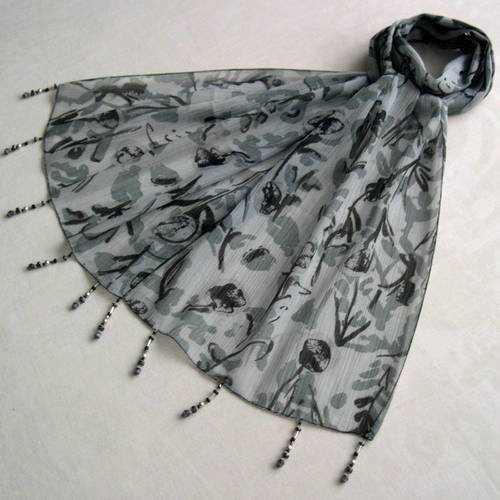 Foulard décoré de perles, écharpe légère, accessoires femme, cadeau, noir et  gris, motif fleurs, 143