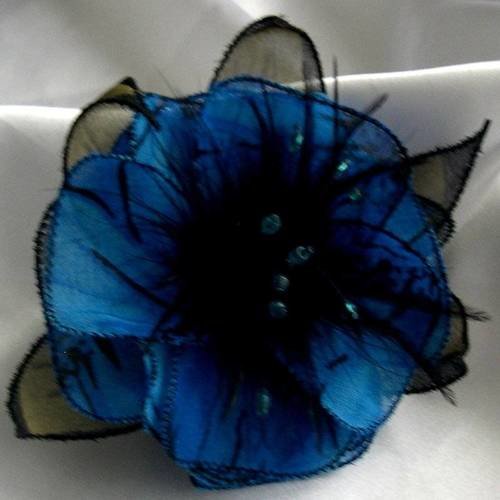 Broche fleur en tissu,organza, plumes et perlesaccessoires femme, mariage, fête, cadeau, bleu, vert et noir, 175