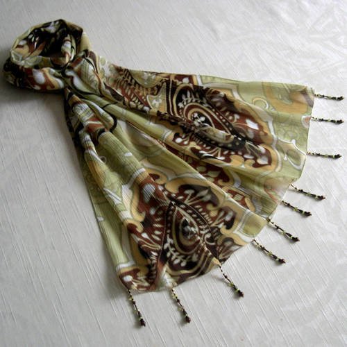 Foulard décoré de perles, écharpe légère, cadeau, accessoires femme, marron, bleu et rose, motif oriental 133