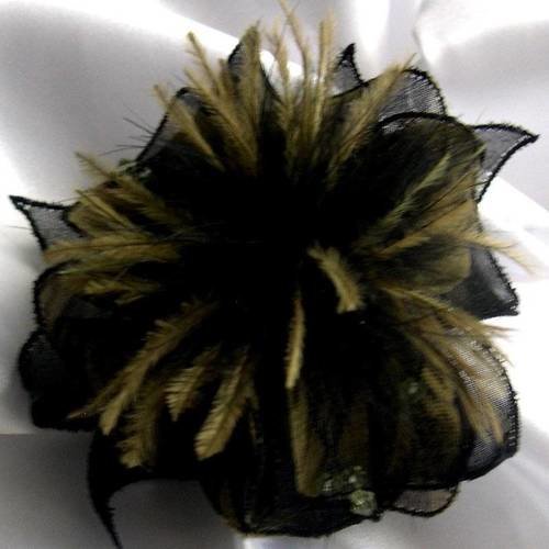 Barette fleur en tissu, organza, plumes et perles, accessoires femme, mariage, fête, cadeau, vert, kaki et noir, 176