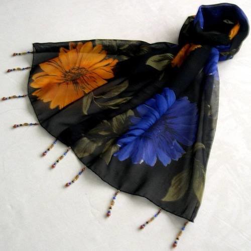 Foulard décoré de perles, écharpe légère, accessoires femme, noir, bleu, jaune, kaki, motif fleurs, 176