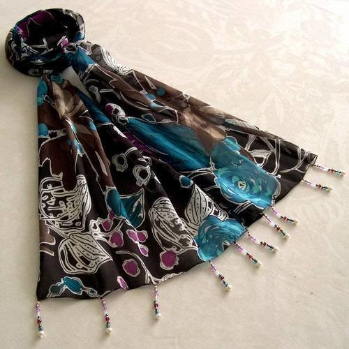 Foulard décoré de perles, écharpe légère, cadeau, accessoires femme, marron, bleu et rose, motif fleurs, 227