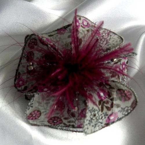 Barette fleur en tissu, plumes et perles, accessoires femme, mariage, fête, cadeau, gris et bordeaux, 039