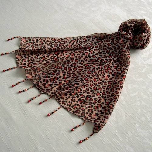 Foulard décoré de perles, écharpe légère,accessoires femme, cadeau, orange, rouge et noir, motif léopard, 129