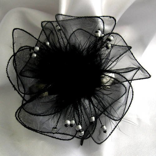 Barrette fleur en organza noir, plumes et perles, accessoires femme, coiffure, mariage, fête, cadeau, 
