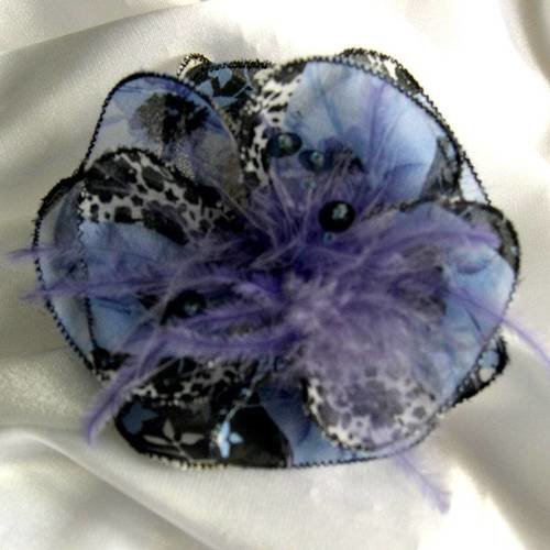 Barette fleur en tissu, plumes et perles, accessoires coiffure, mariage, fête, cadeau, bleu et noir, 033