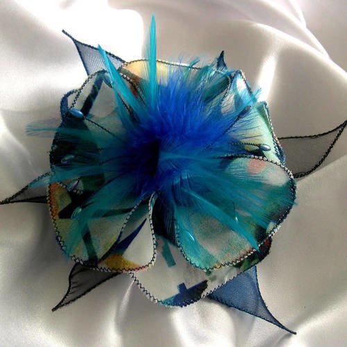 Barette fleur en tissu, organza, plumes et perles, accessoires femme, mariage, fête, cadeau, bleu, noir et jaune,  137