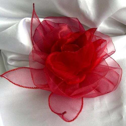 Broche fleur rouge en organza, accessoires femme, mariage, fête, cadeau, 