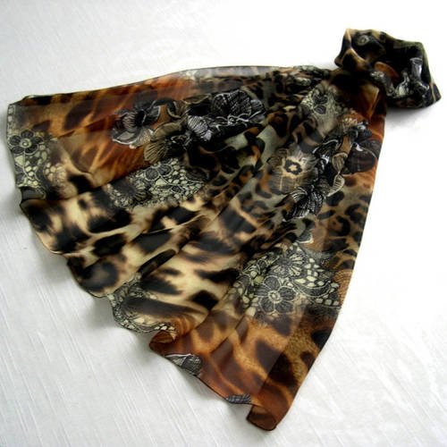 Foulard simple classique, écharpe légère, imprimé multicolore, châle, étole, motif léopard et fleurs 136
