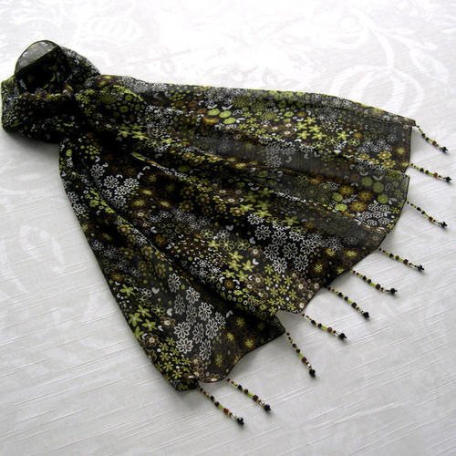 Foulard décoré de perles, écharpe légère, accessoires femme, noir, vert, gris et marron, motif fleuri 135
