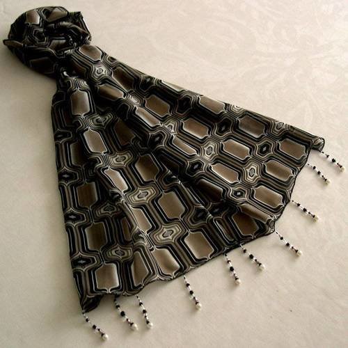 Foulard décoré de perles, écharpe légère, accessoires femme, marron, gris et noir, motif géometrique, 023