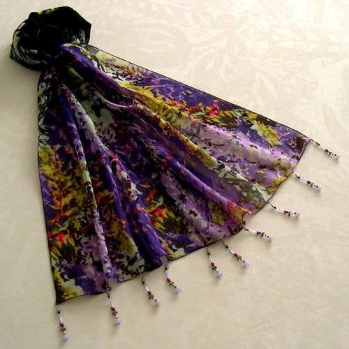Foulard décoré de perles, écharpe légère, cadeau, accessoires femme, violet, noir,  vert, motif fleuri, 065