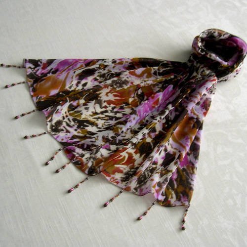 Foulard décoré de perles, écharpe légère, accessoires femme, cadeau, marron, rose, mauve, motif abstrait, 128
